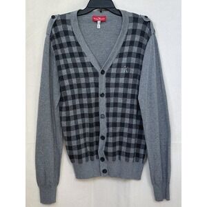 Marc Ecko Cut & Sew Preppy Grandpa Checkered Cotton V-Neck Cardigan Mens L Grey